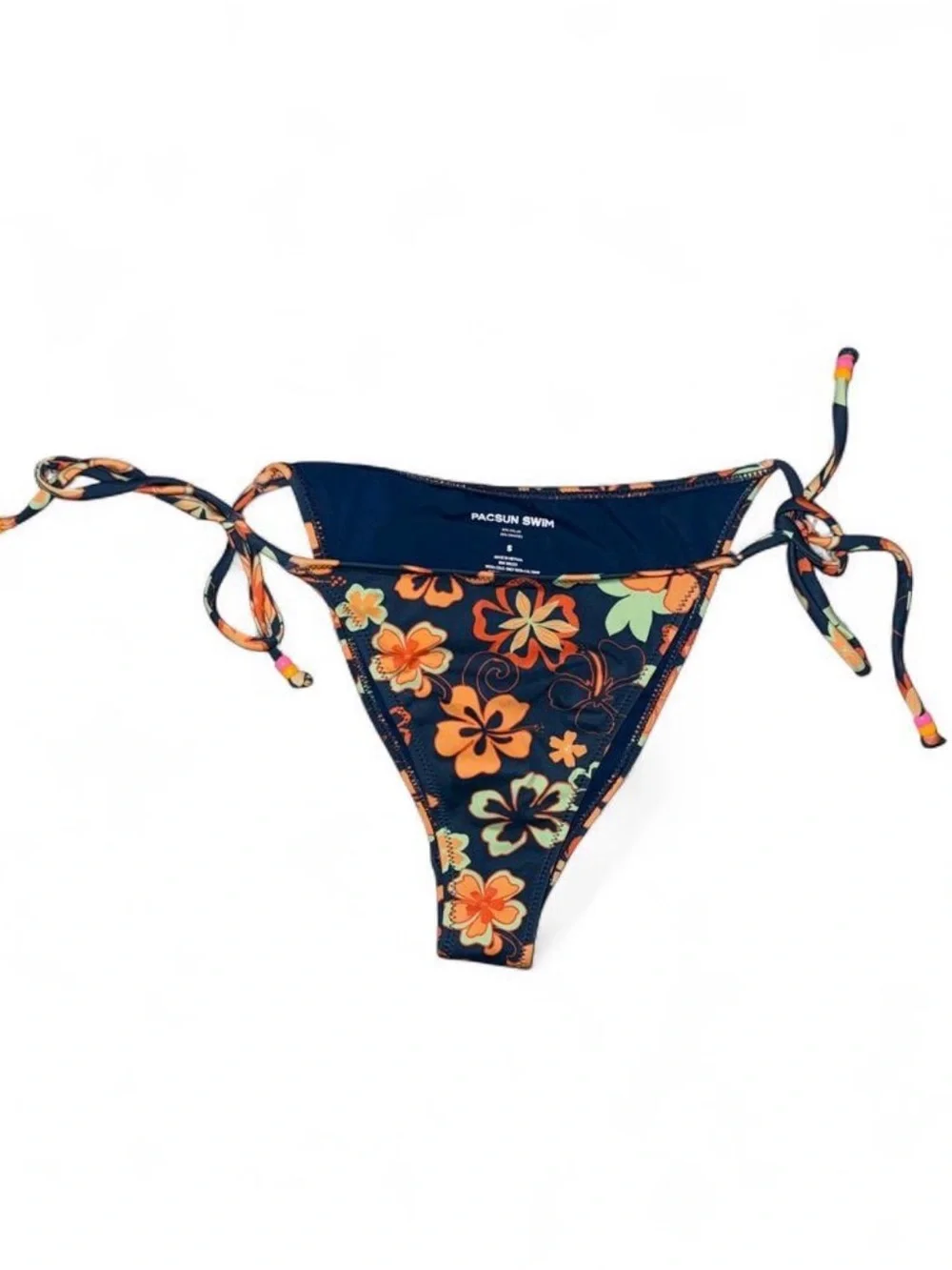 Y2K PacSun Navy Floral Beaded Tie-Side Bikini Bottom with Orange & Mint Accents